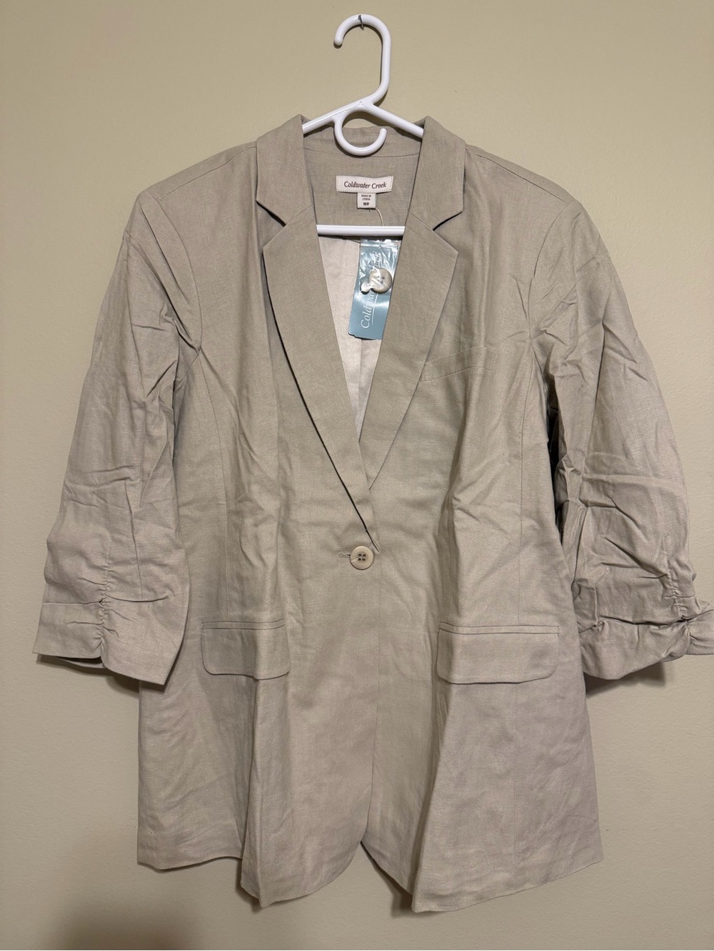 NWT Coldwater Creek Linen Blend Blazer 18W Flax Ruched Sleeve Longline